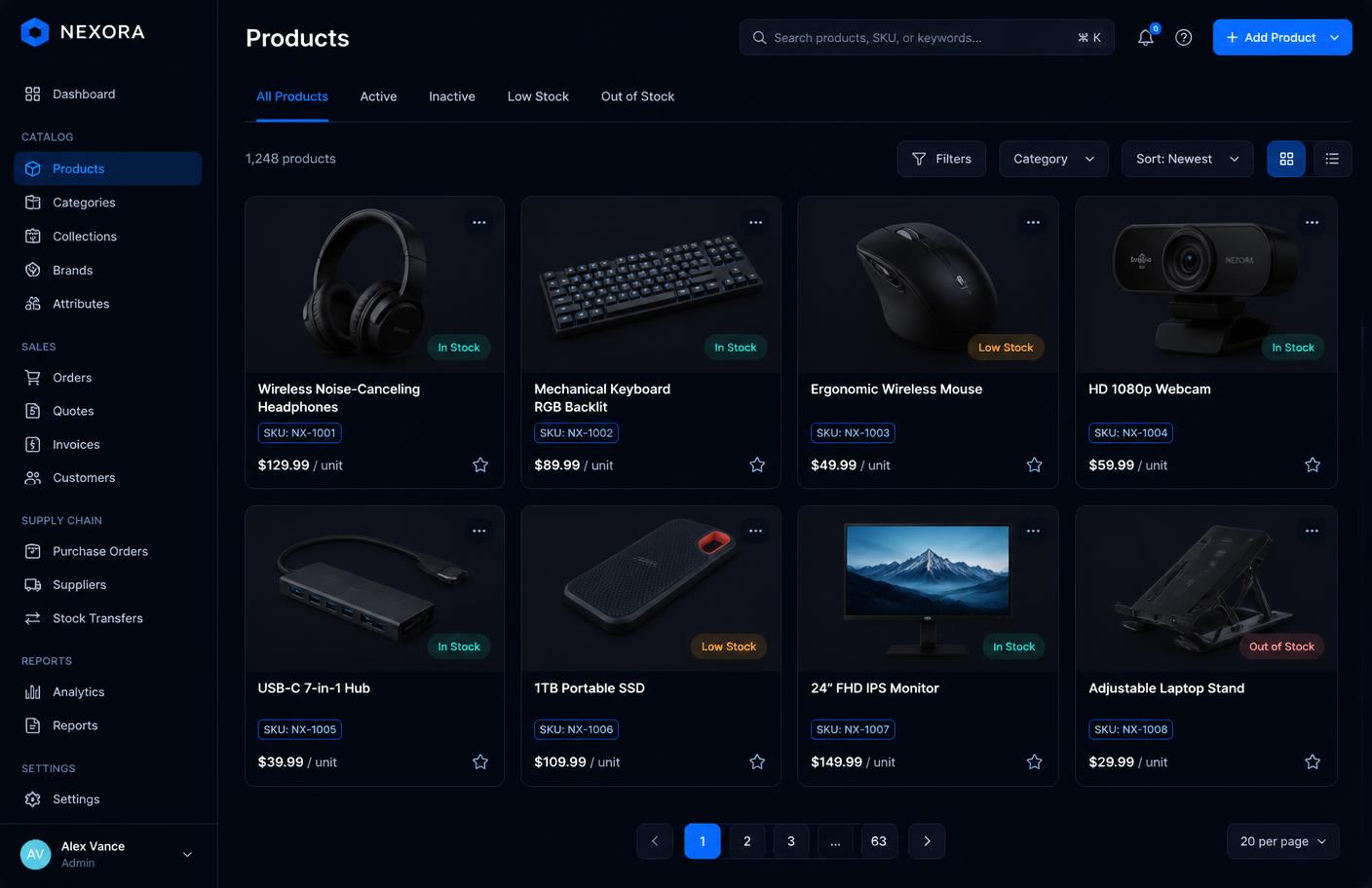 Tela do catálogo de produtos do VendNexo